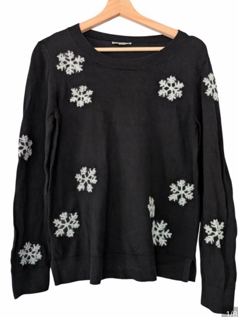 LOFT Black Crewneck Sweater with White Snowflake Motif